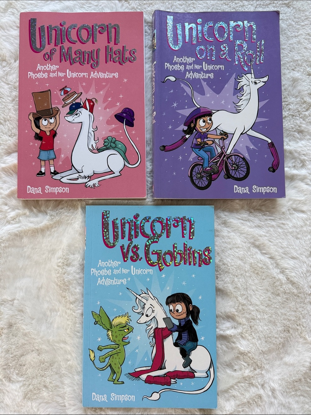 Unicorn vs Goblins Unicorn of Many Hats Unicorn on a Roll Dana Simpson Books Lot